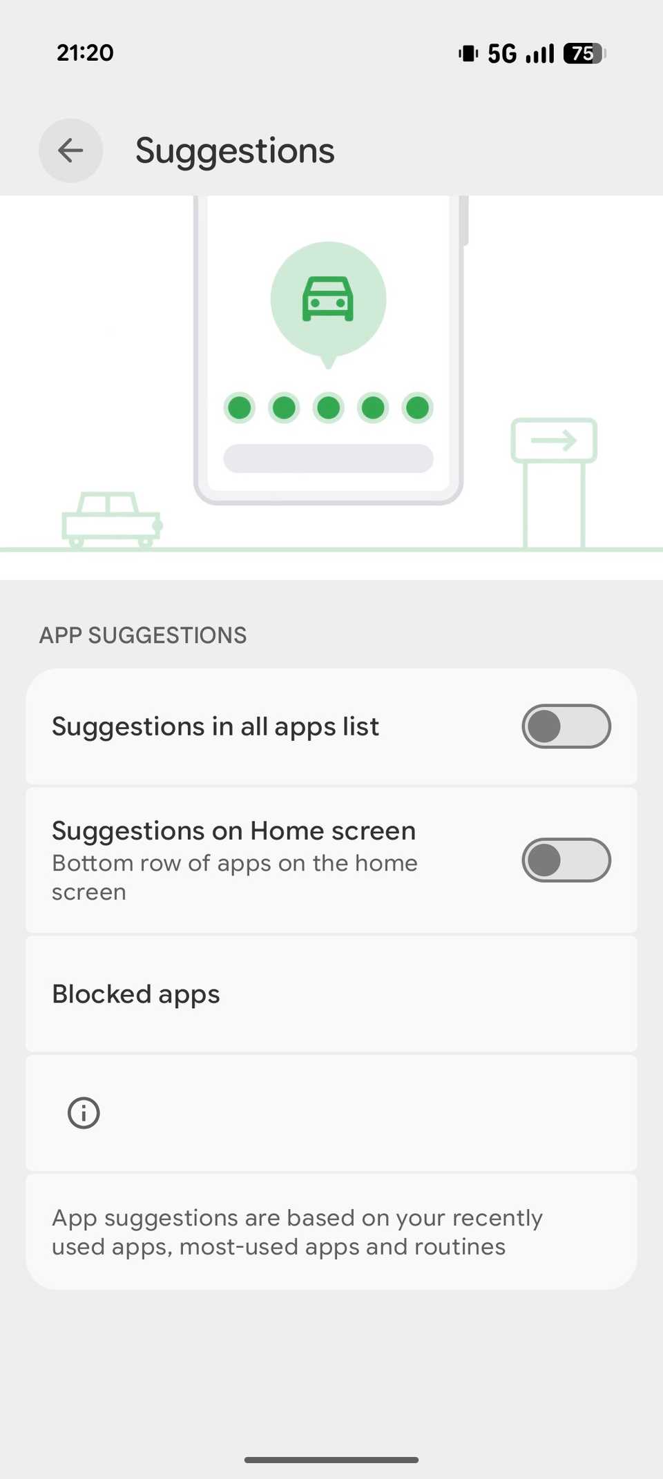 App suggestions options toggled off on a Pixel 10.