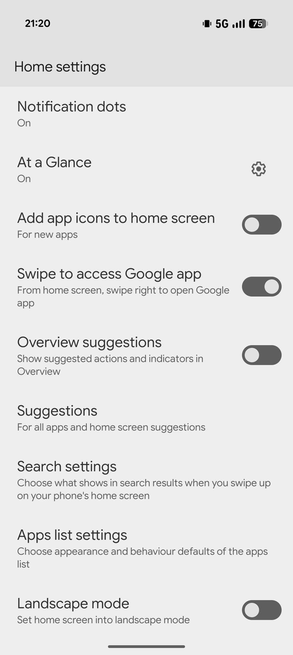 Home settings on a Pixel phone.