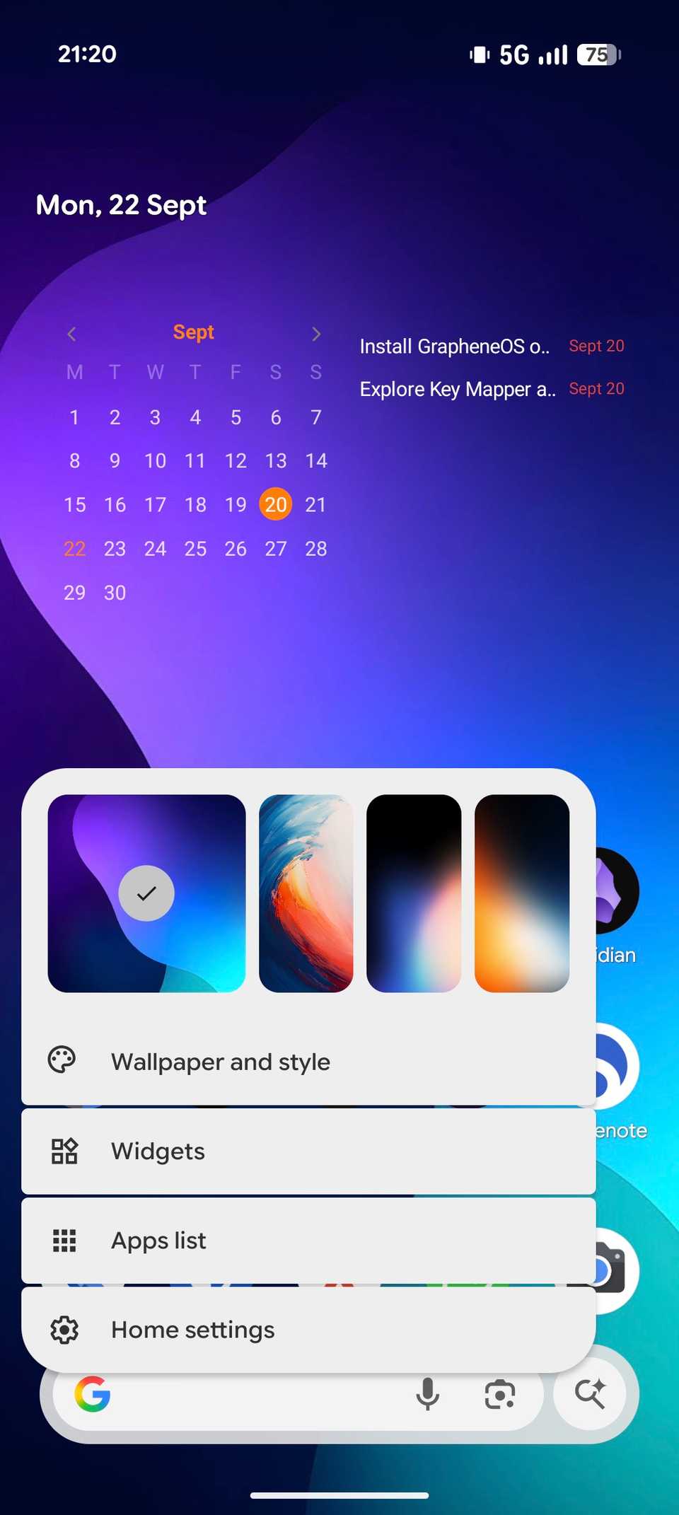 Context menu options on the Pixel home screen.