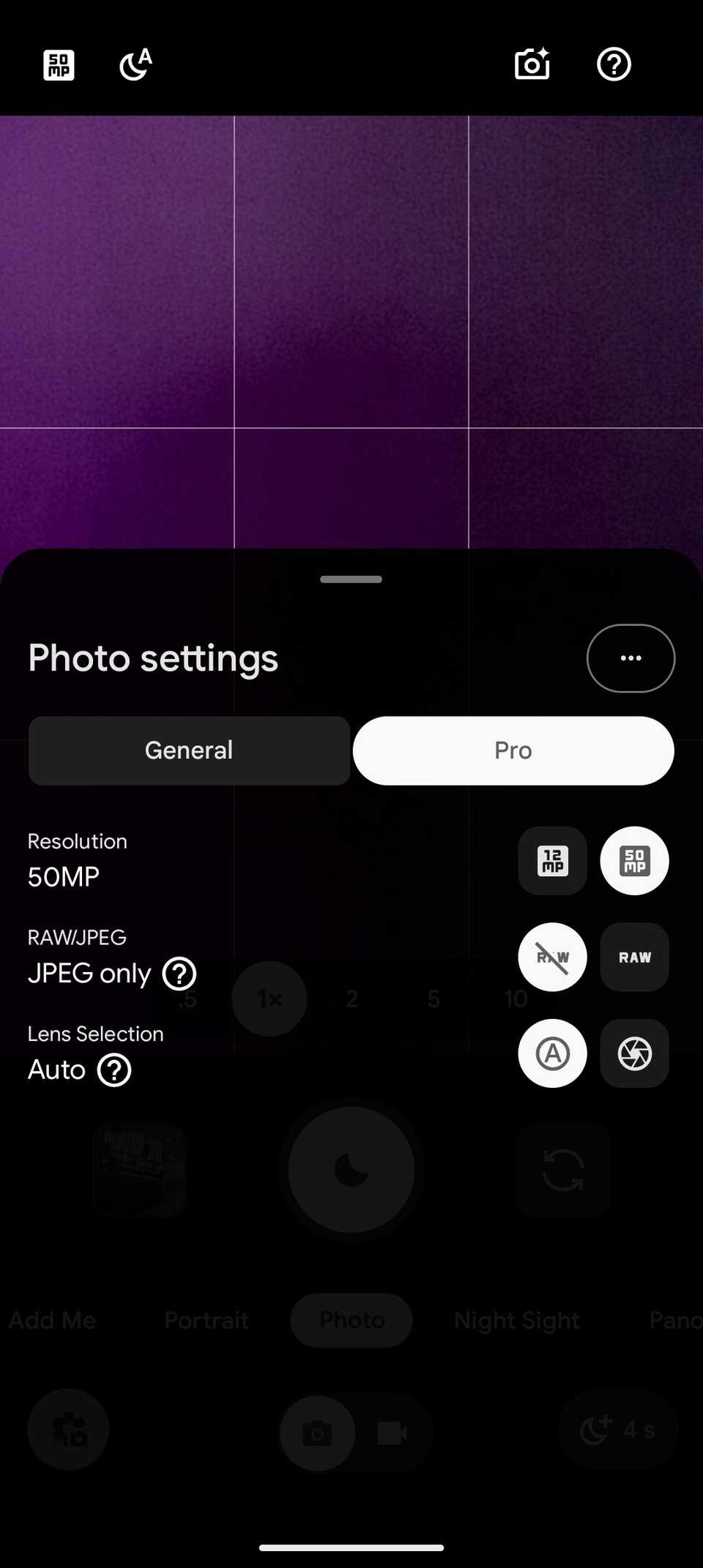 Resolution set to 50MP in Pixel 10 Camera app.