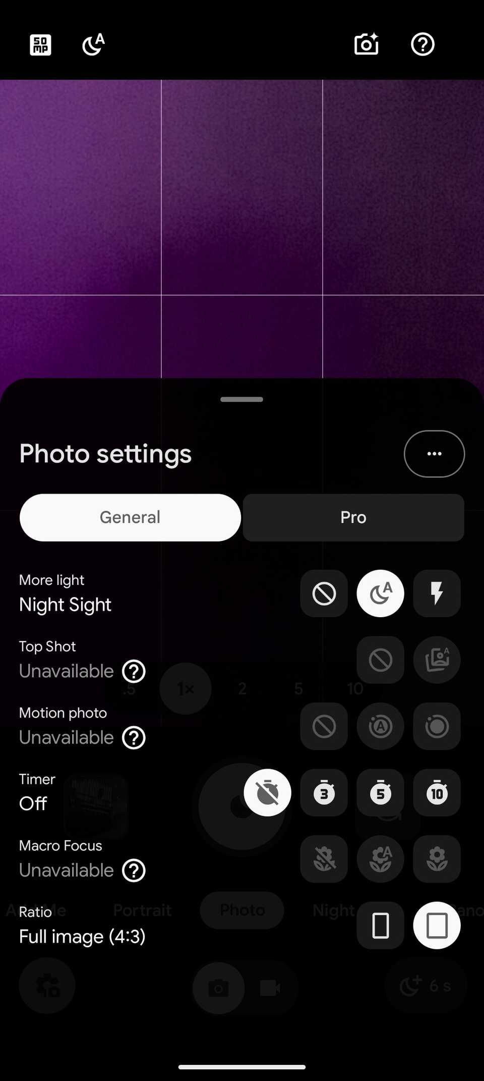 General tab in the Pixel Camera app settings.