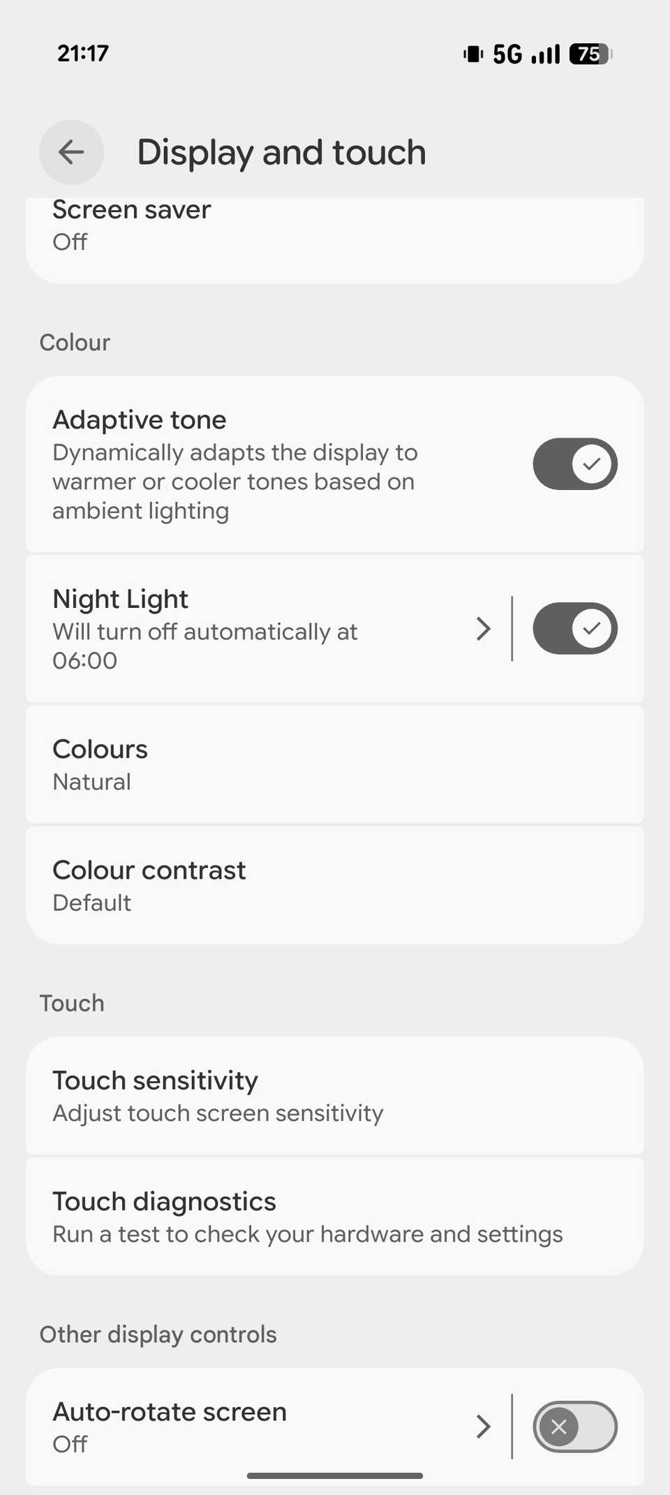 Adaptive tone option turned on in Pixel 10 Settings app.