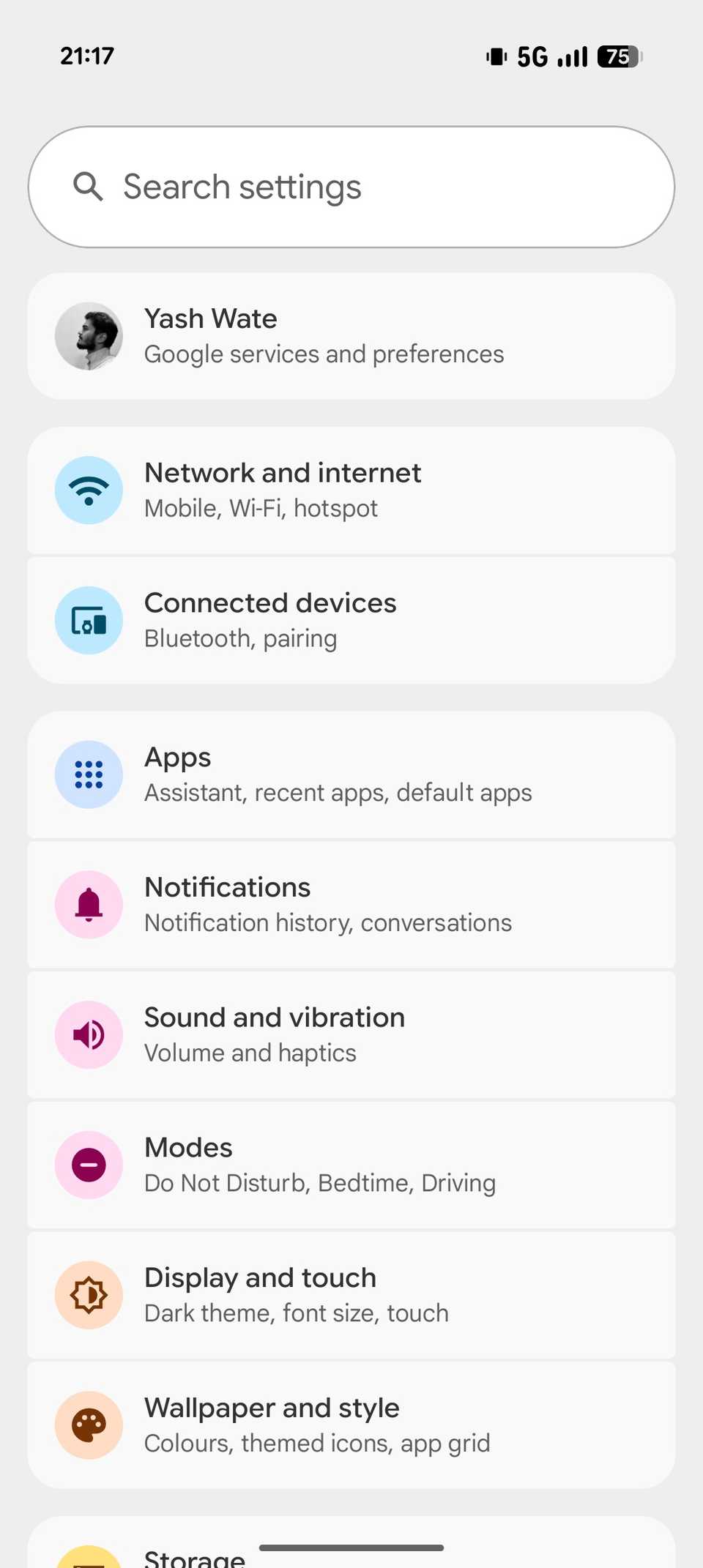 Settings app on a Pixel.