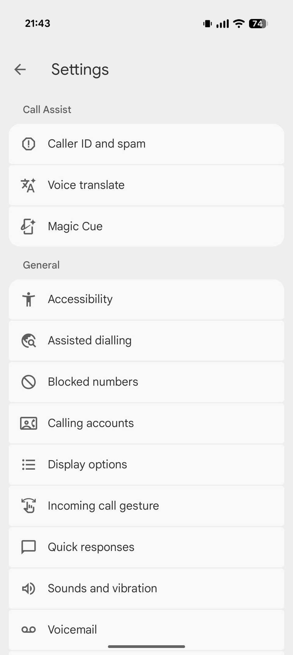 Phone app settings page.