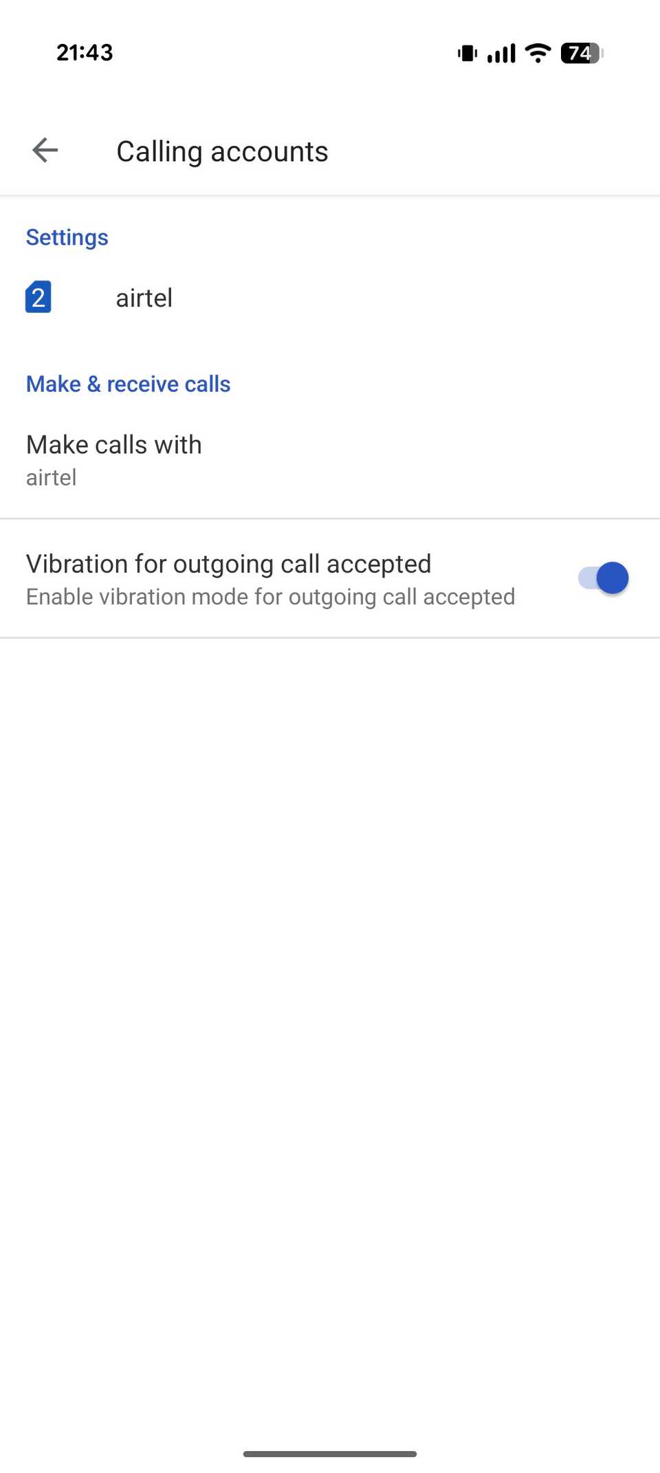 Vibration for outgoing call accepted option enabled on a Pixel 10.