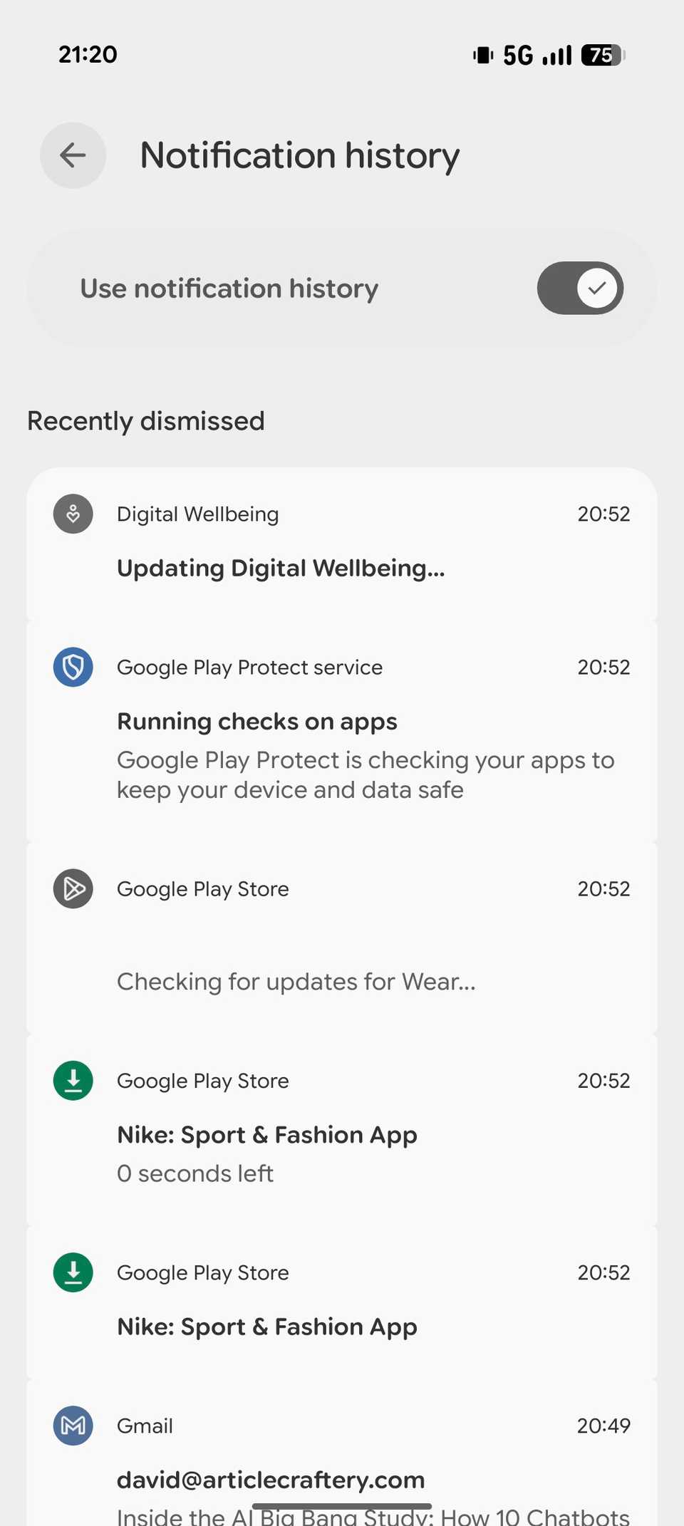 Use notification history option enabled on a Pixel 10.