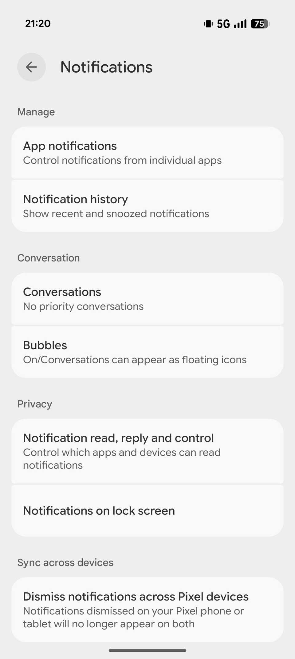Notifications settings page on a Pixel.
