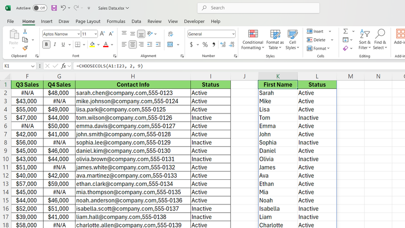 CHOOSECOLS function in Excel to choose the first and ninth columns.