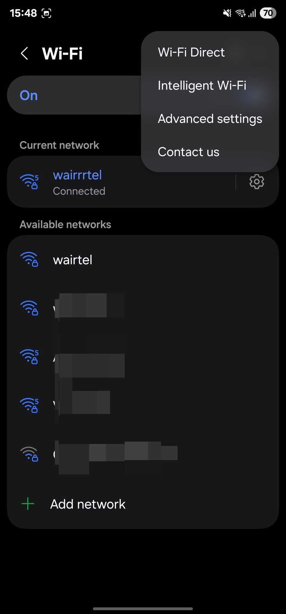 Wi-Fi settings page on a Galaxy phone.