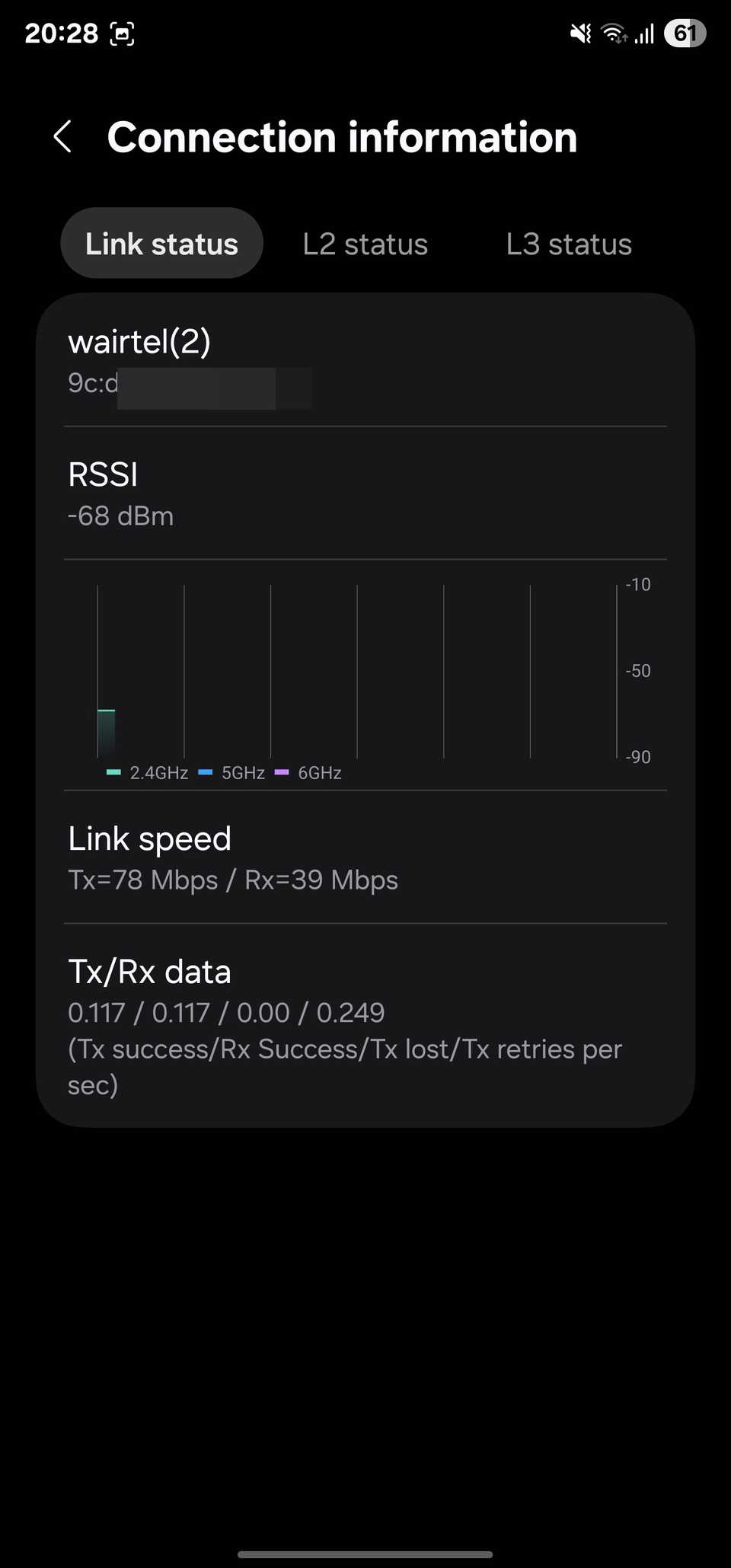 Connection information displaying network information for active Wi-Fi.
