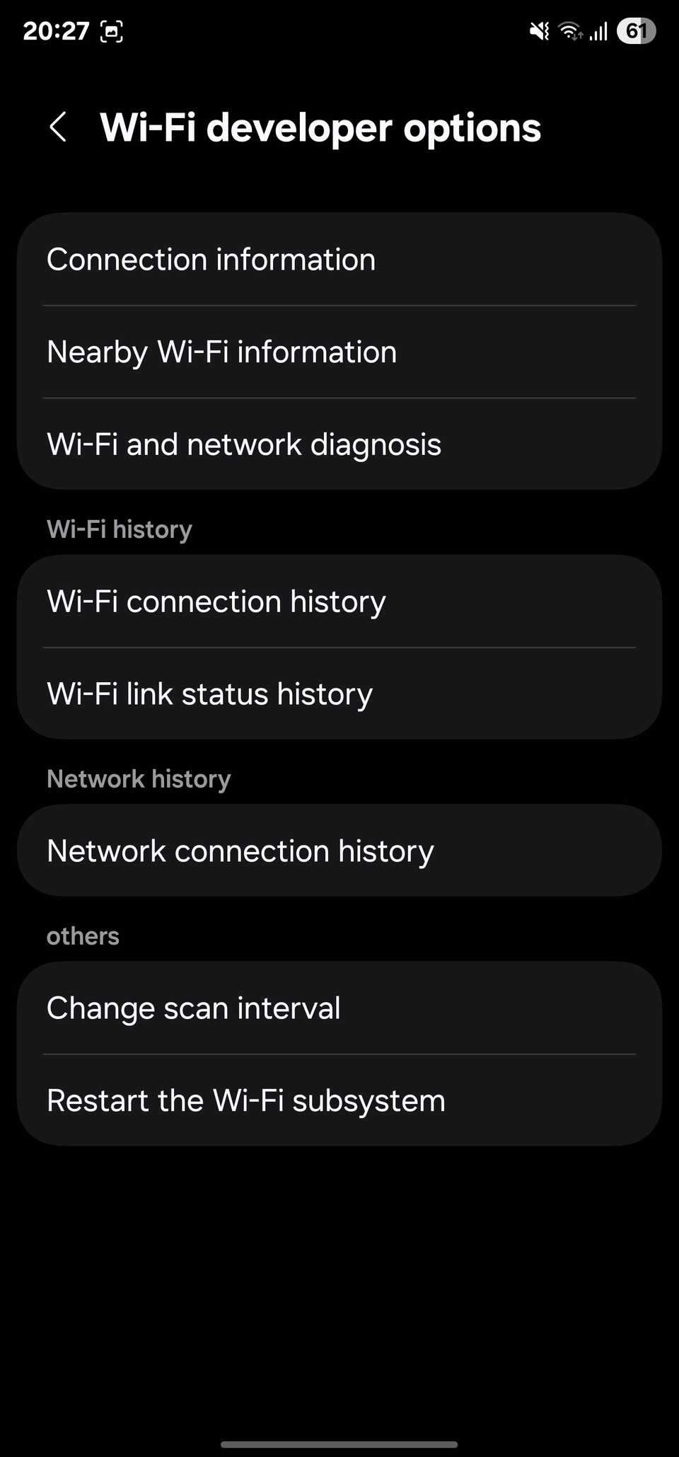 Wi-Fi developer options page in Connectivity labs.