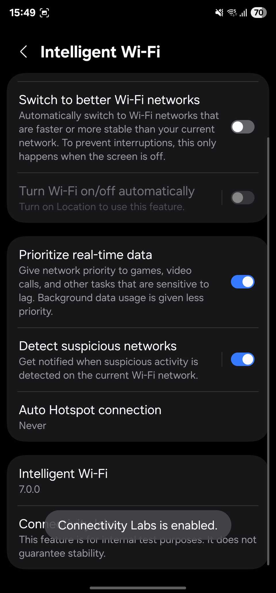 Connectivity labs option on the Intelligent Wi-Fi page in Wi-Fi settings.