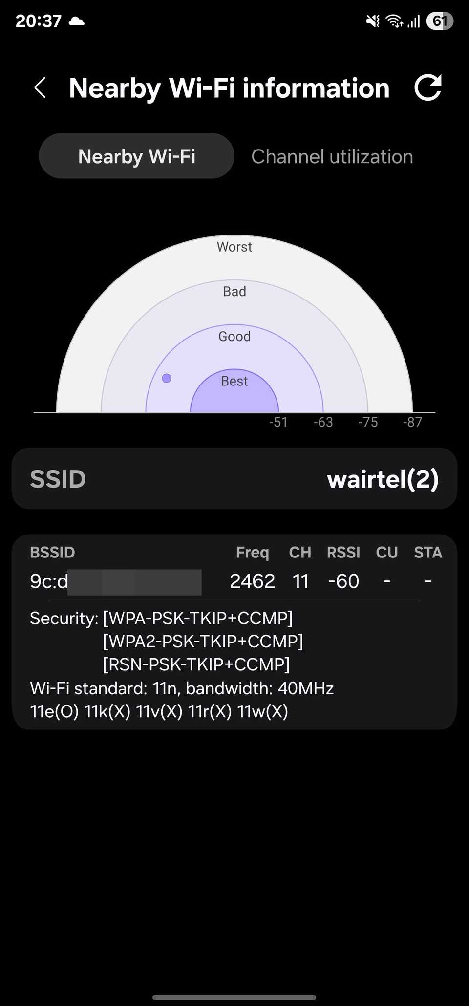 Nearby Wi-Fi information page showing details about a Wi-Fi network.