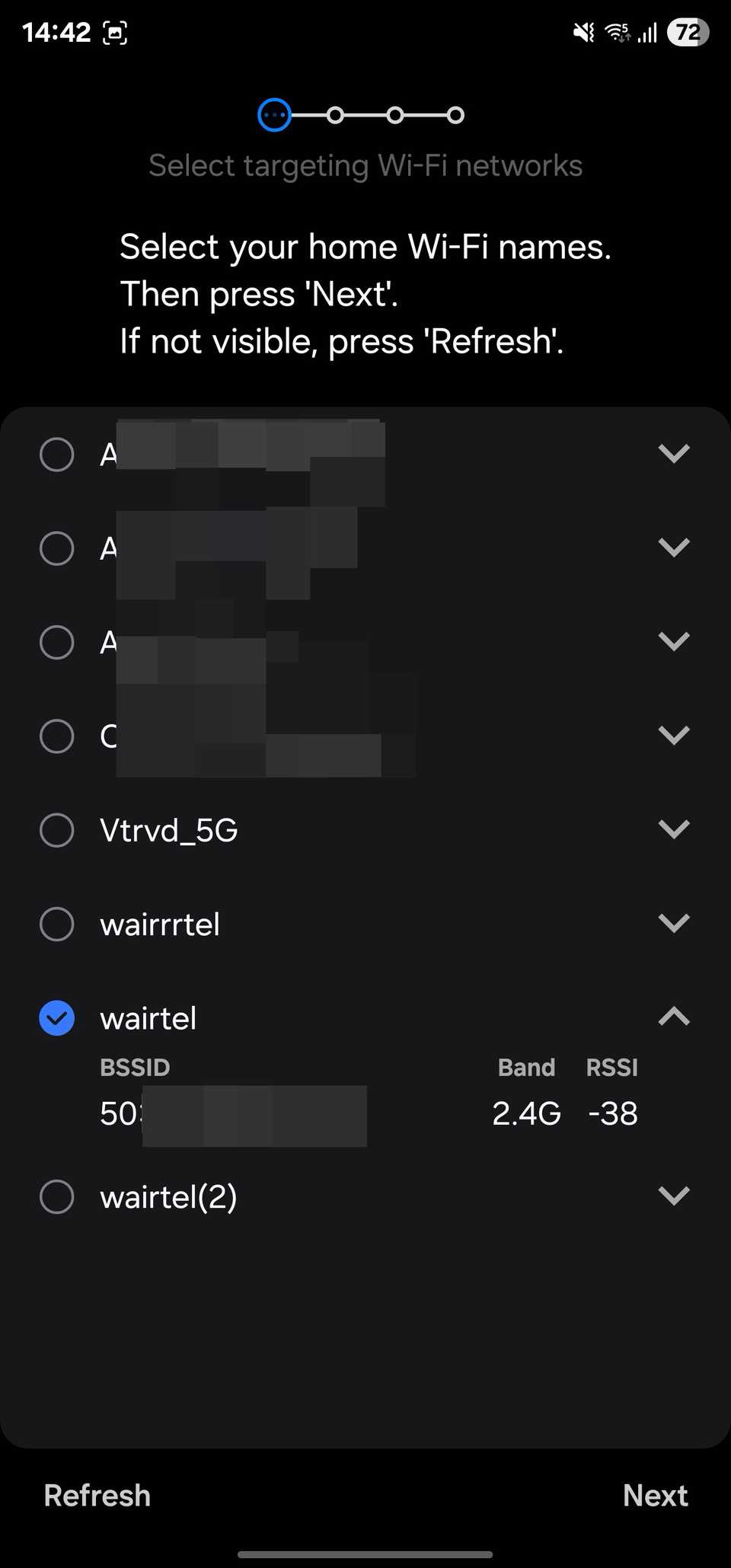 Selecting a network in Home Wi-Fi insepction tool to map signal strength.