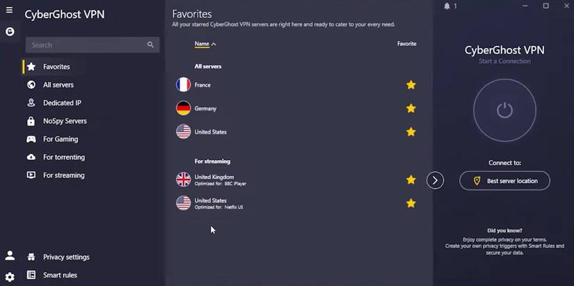 CyberGhost default home menu