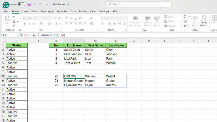 DROP function in Excel to drop first twenty rows from the dataset.