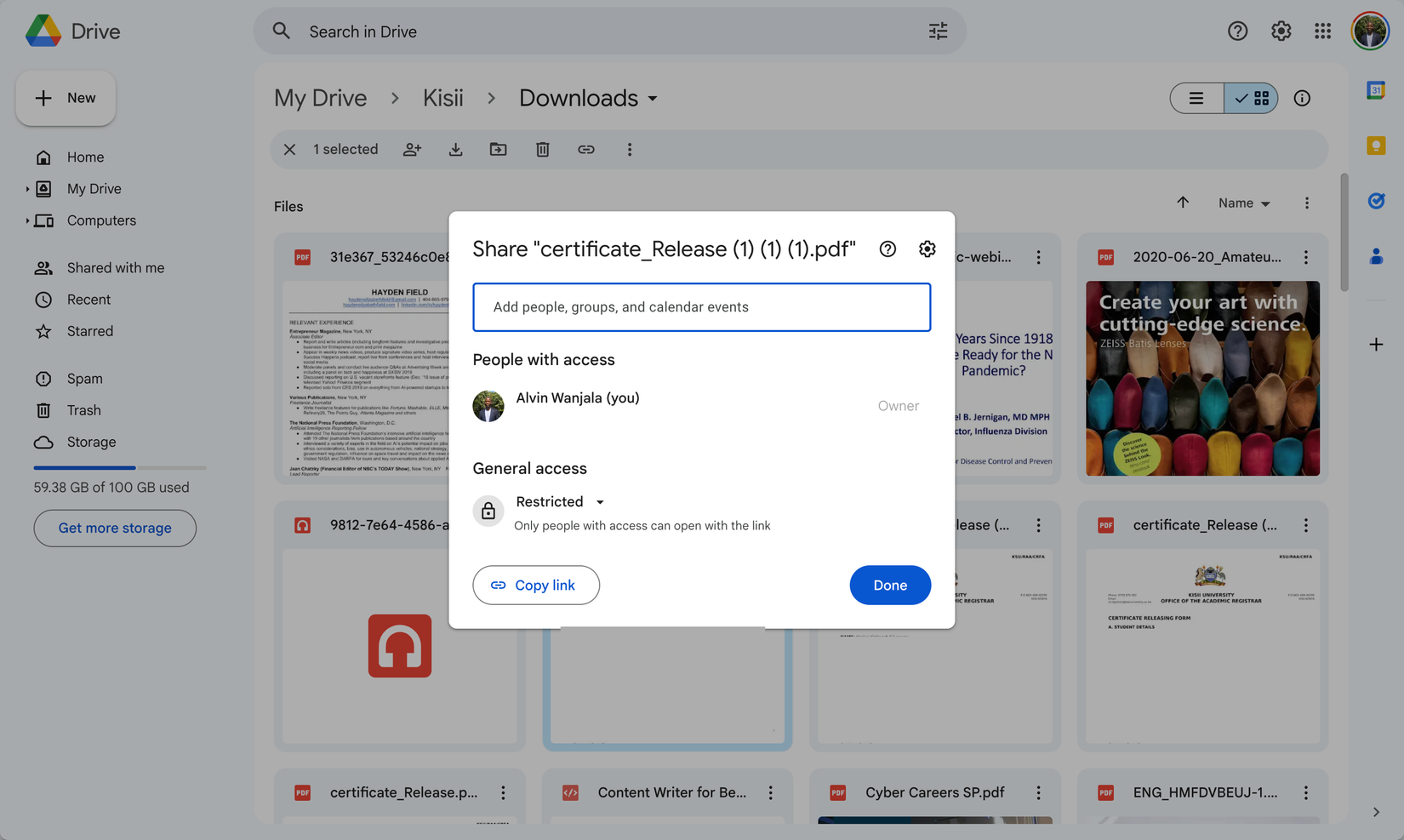 File Sharing menu in Google Drive
