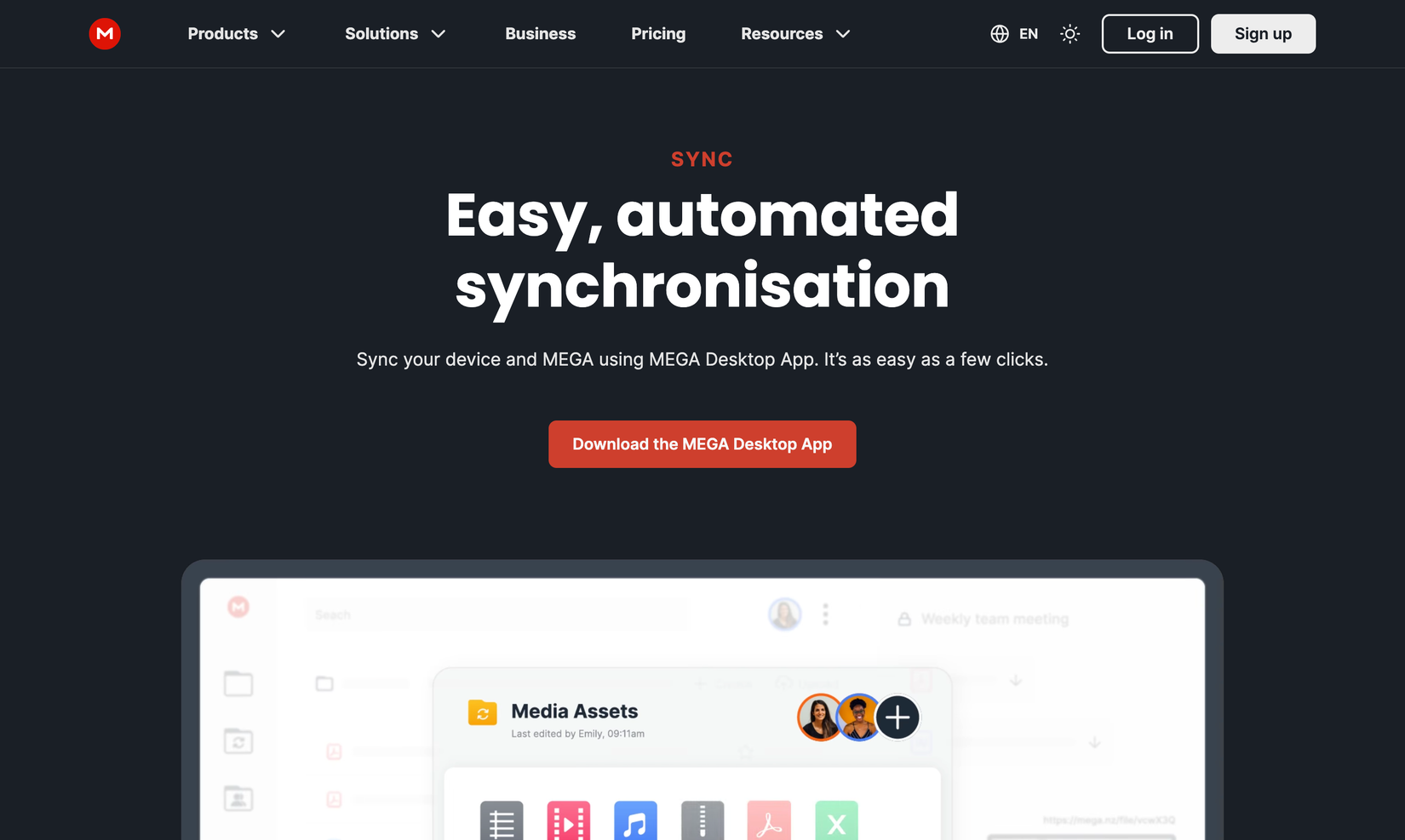 File sync functionality page for Mega cloud storage