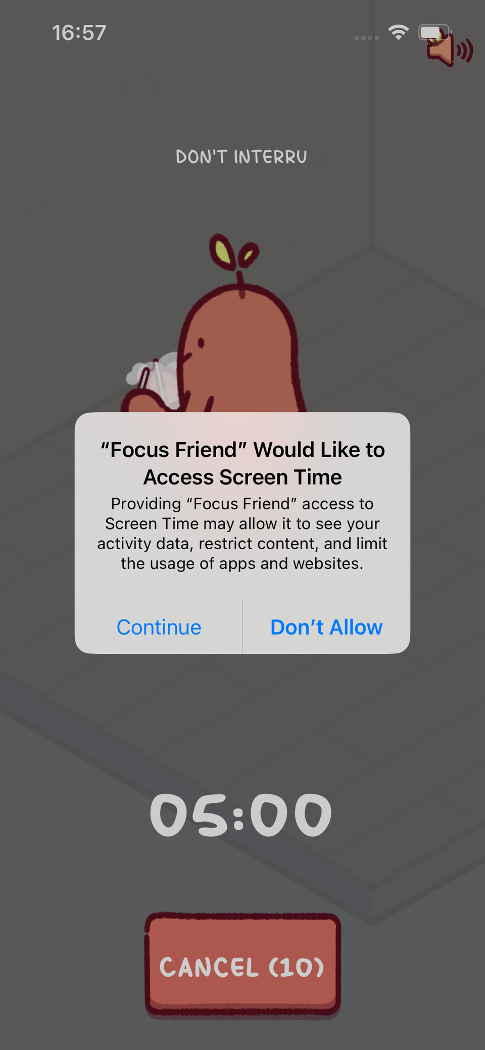 Focus Friend app with iPhone Screen Time banner.
