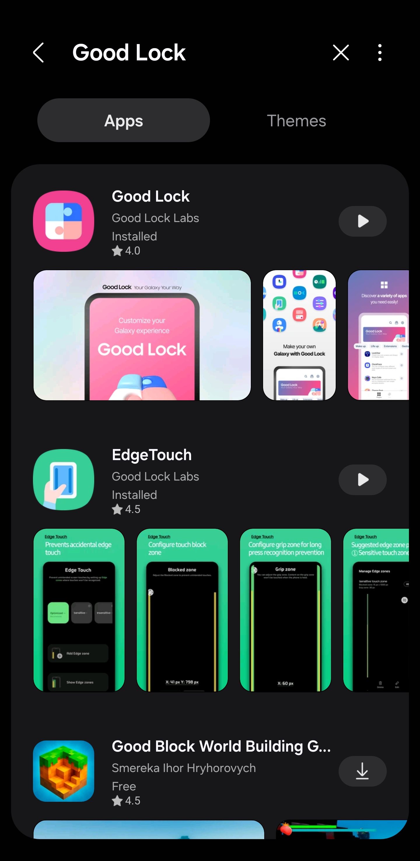 Galaxy Store search results showing Good Lock app