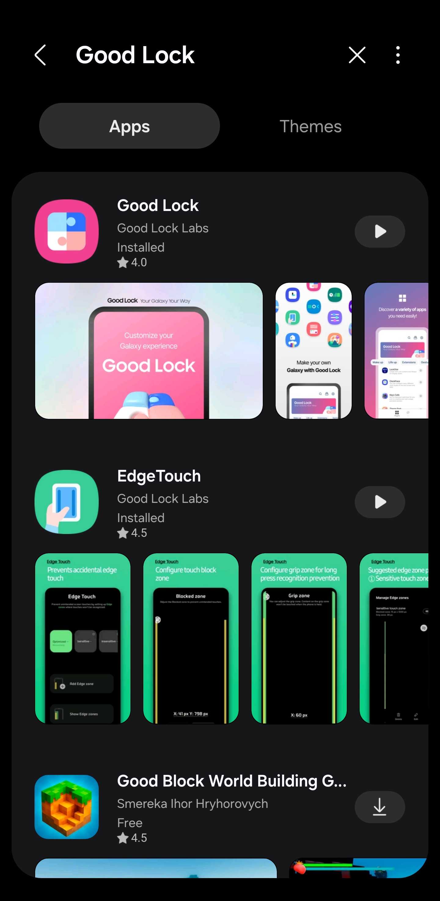 Galaxy Store search results showing Good Lock app
