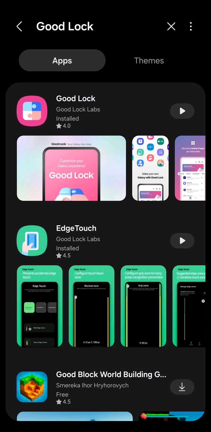 Galaxy Store search results showing Good Lock app