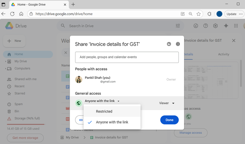 Google Drive file sharing settings