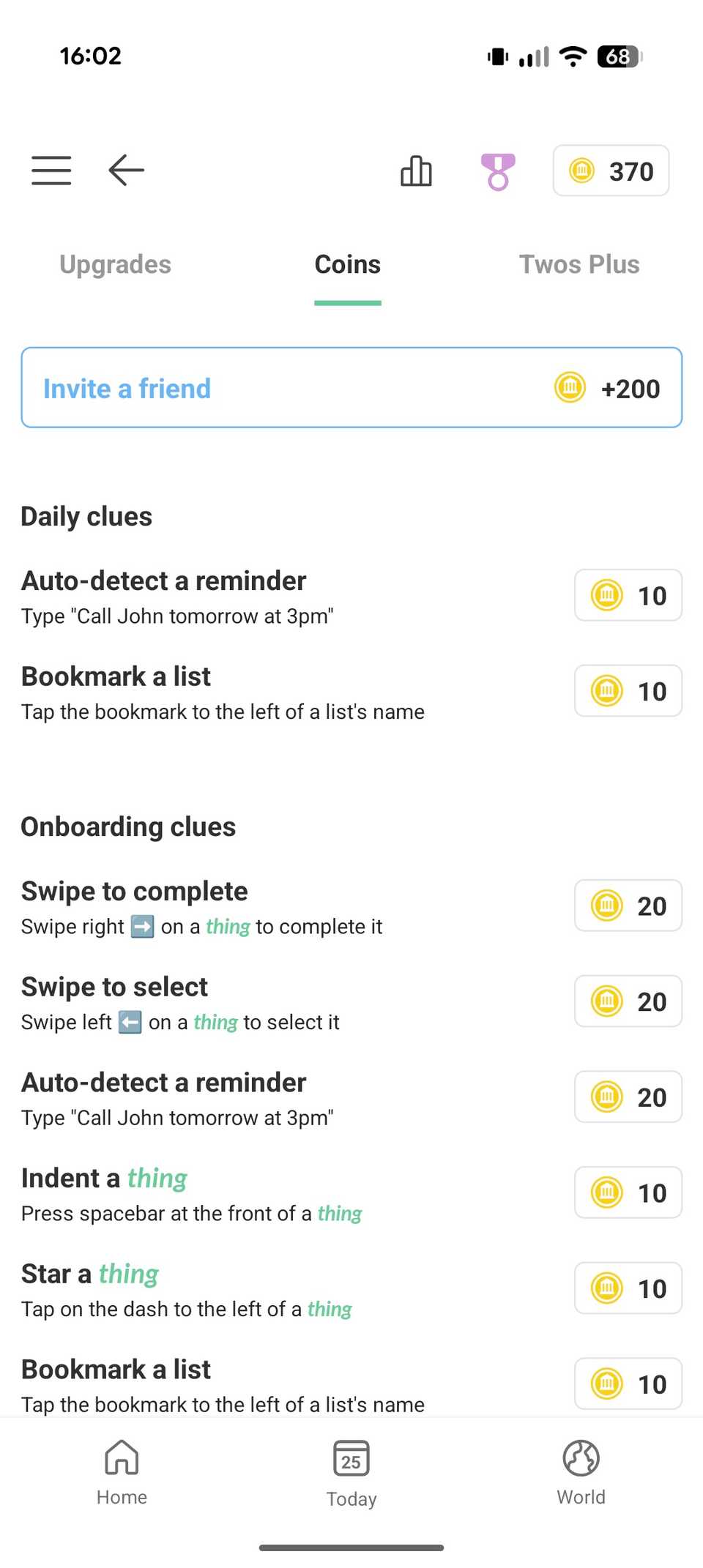 List of actions that can earn coins in the Twos app.