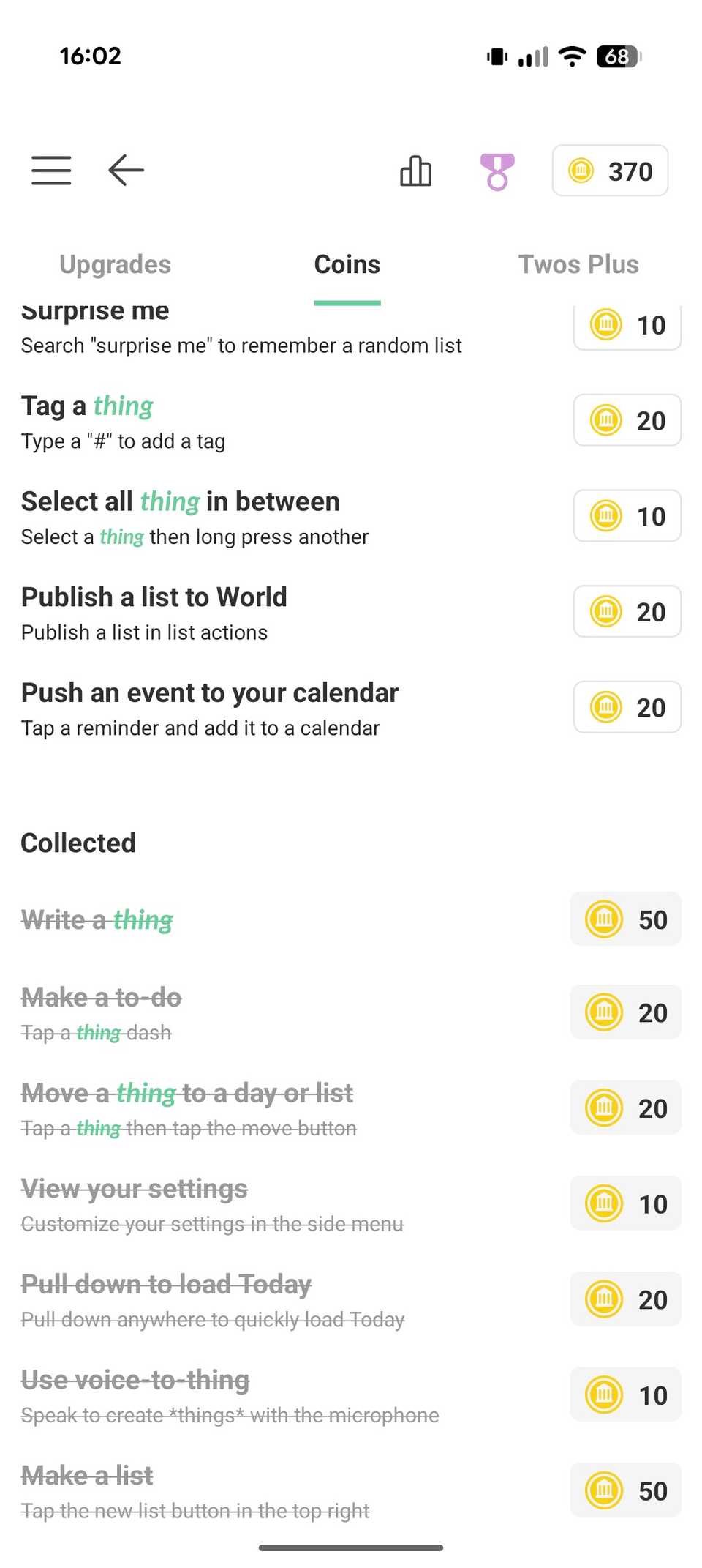 List of actions that can earn coins in the Twos app.