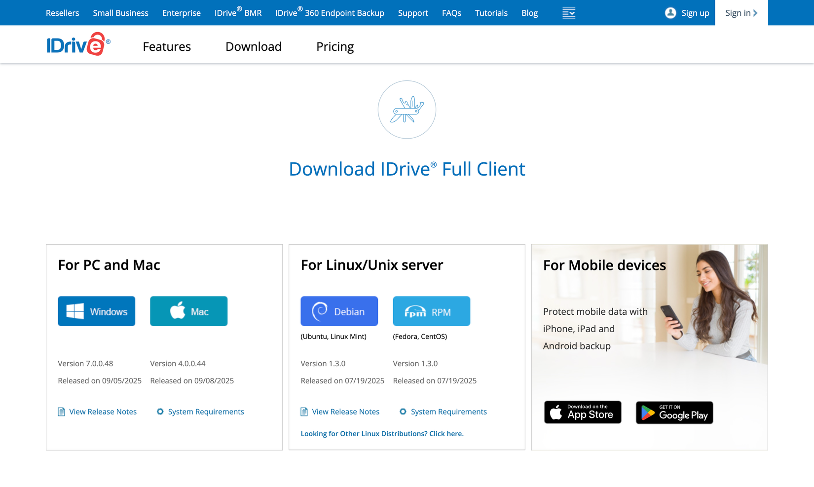 iDrive downloads page with apps for PC, Mac, Unix, and mobile