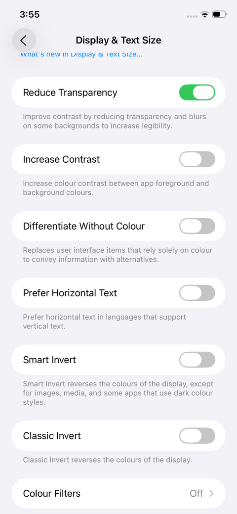 iOS 26 Display & Text Size settings