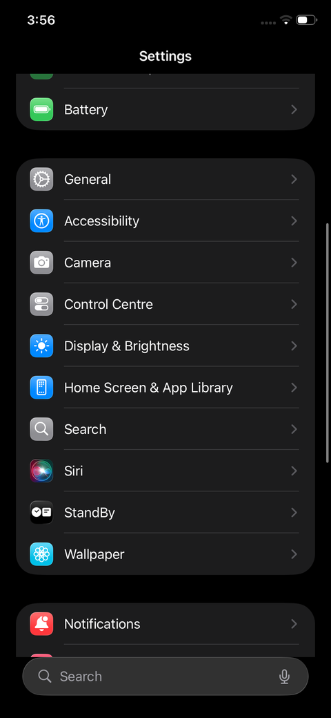 Settings app open on iOS 26