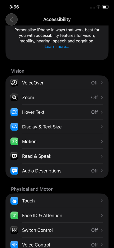 Accessibility settings on iOS 26