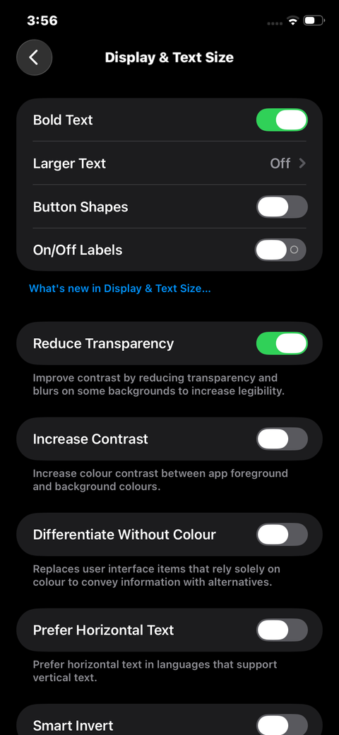 Display & Text Sizes settings on iOS 26