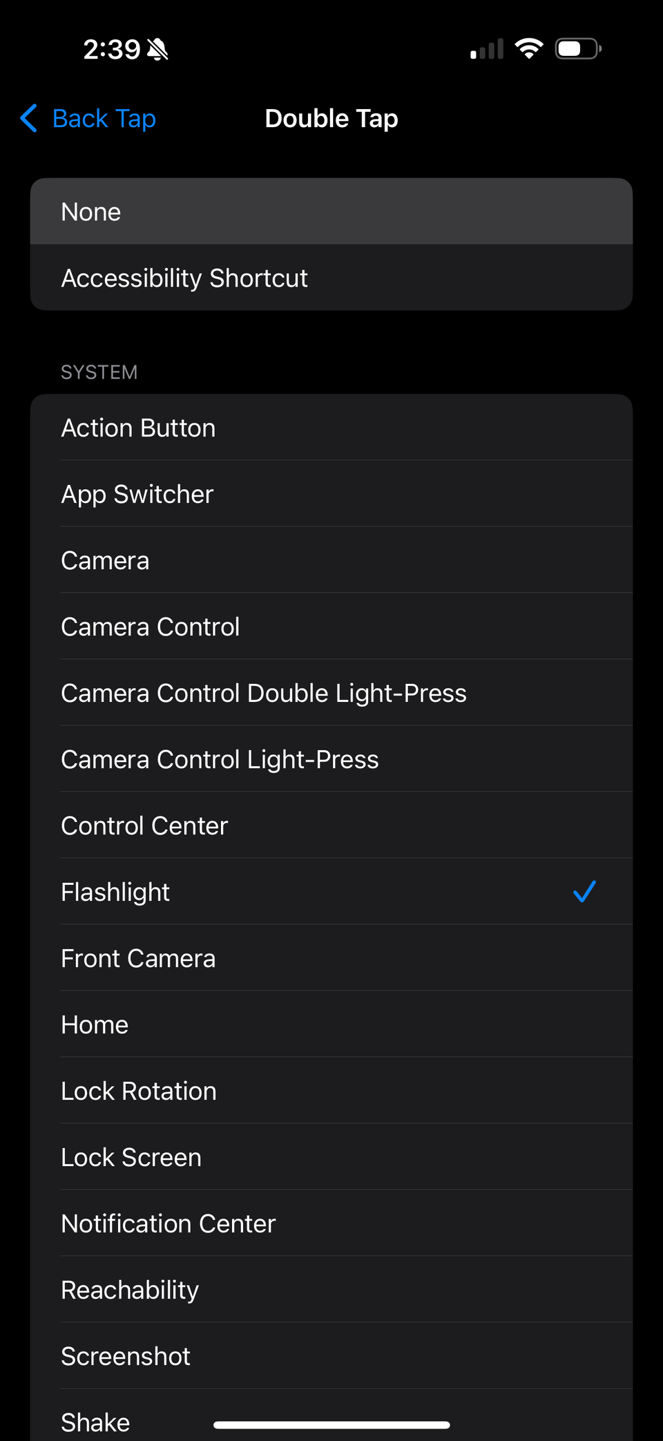 iOS double tap setting options