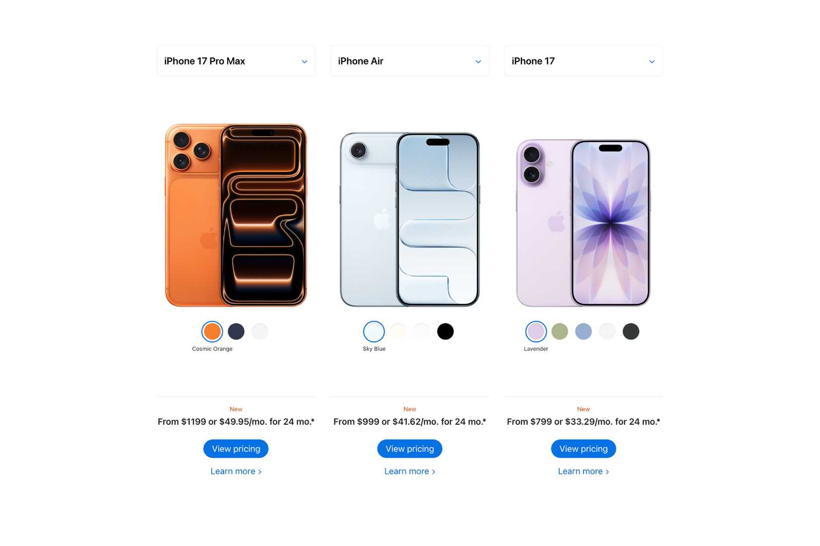 iPhone 17 Pro Max, iPhone Air, and iPhone 17 comparison page on Apple's website