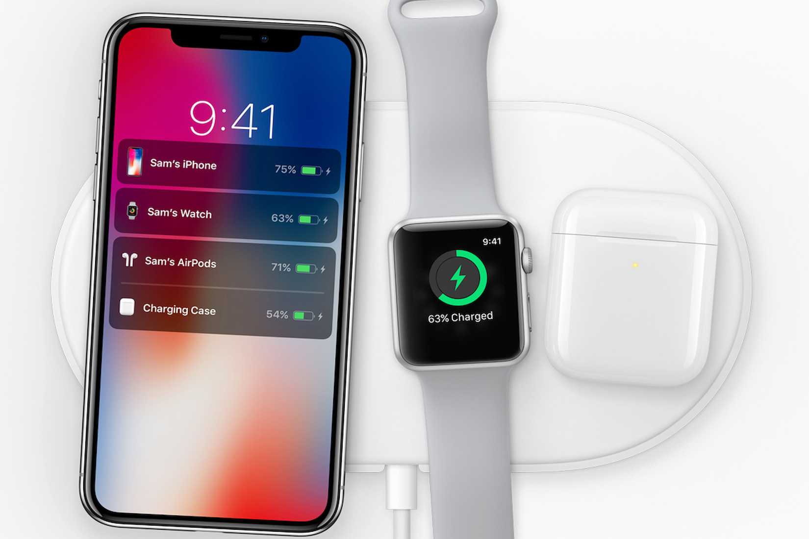 iPhone, Apple Watch, and AirPods placed on an AirPower