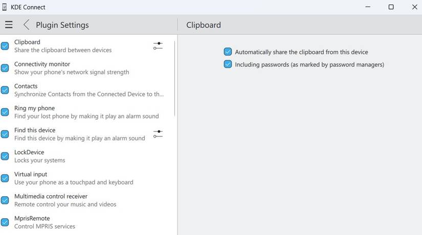 KDE Connect app on Windows showing clipboard settings