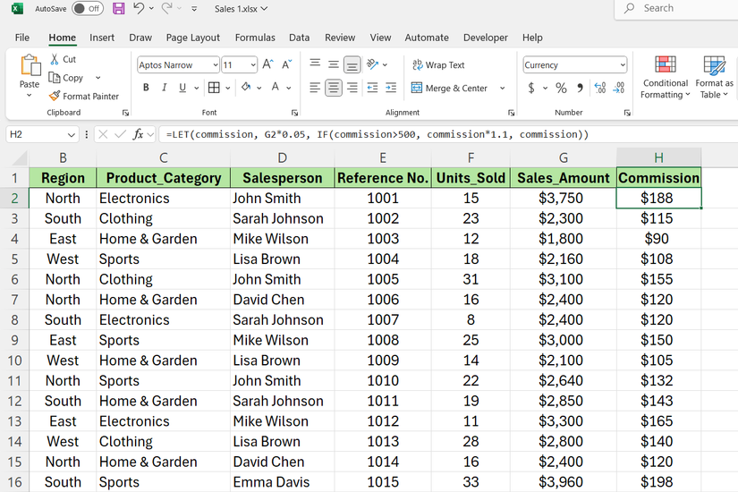 LET function in sales spreadsheet to calculate commission in Excel.