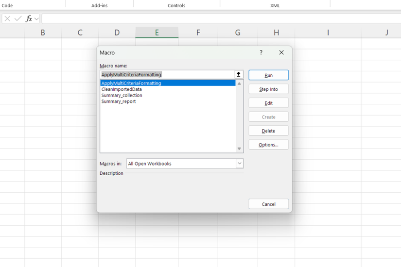 Macros list in Excel.
