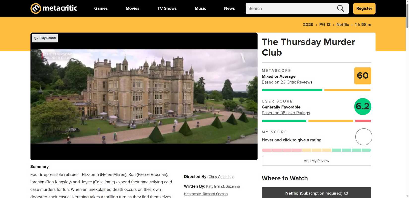 metacritic thursday murder club review page