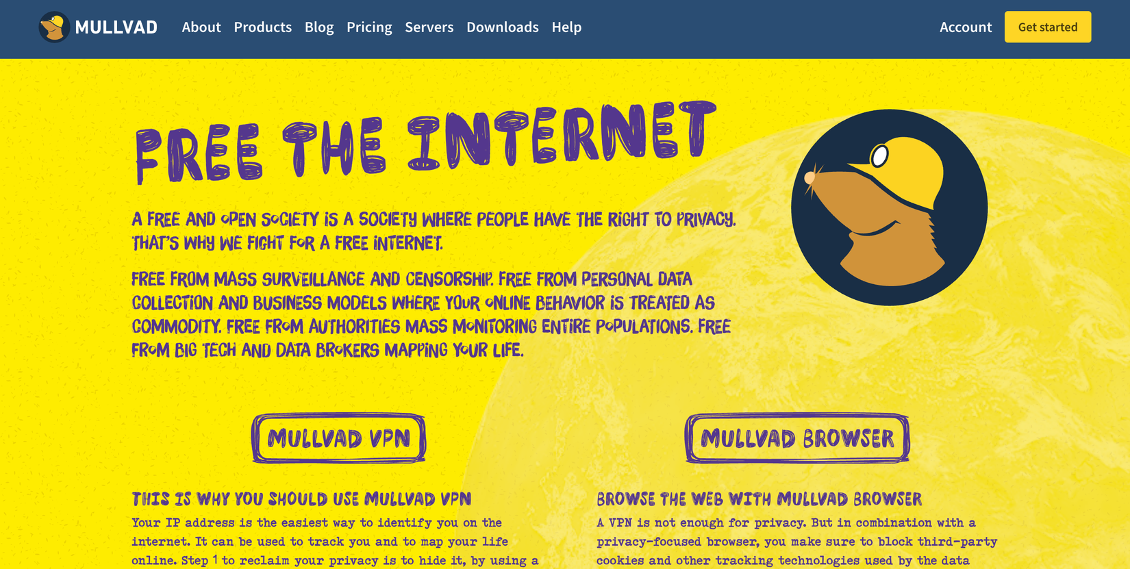  Mullvad VPN home page showing the different products available