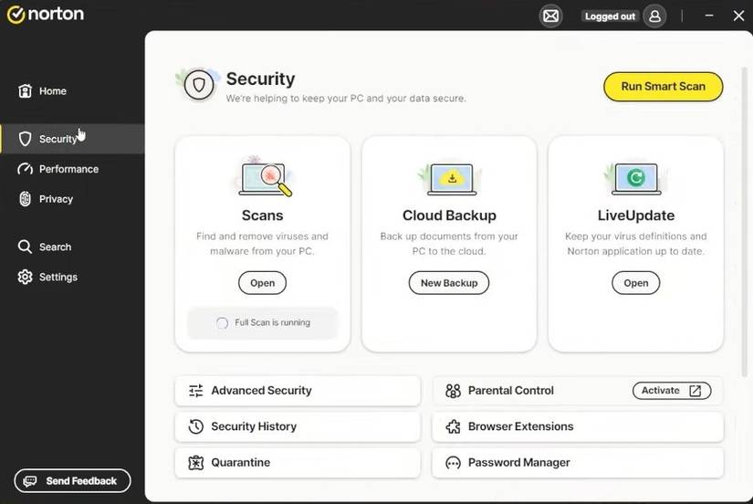 Norton antivirus security menu