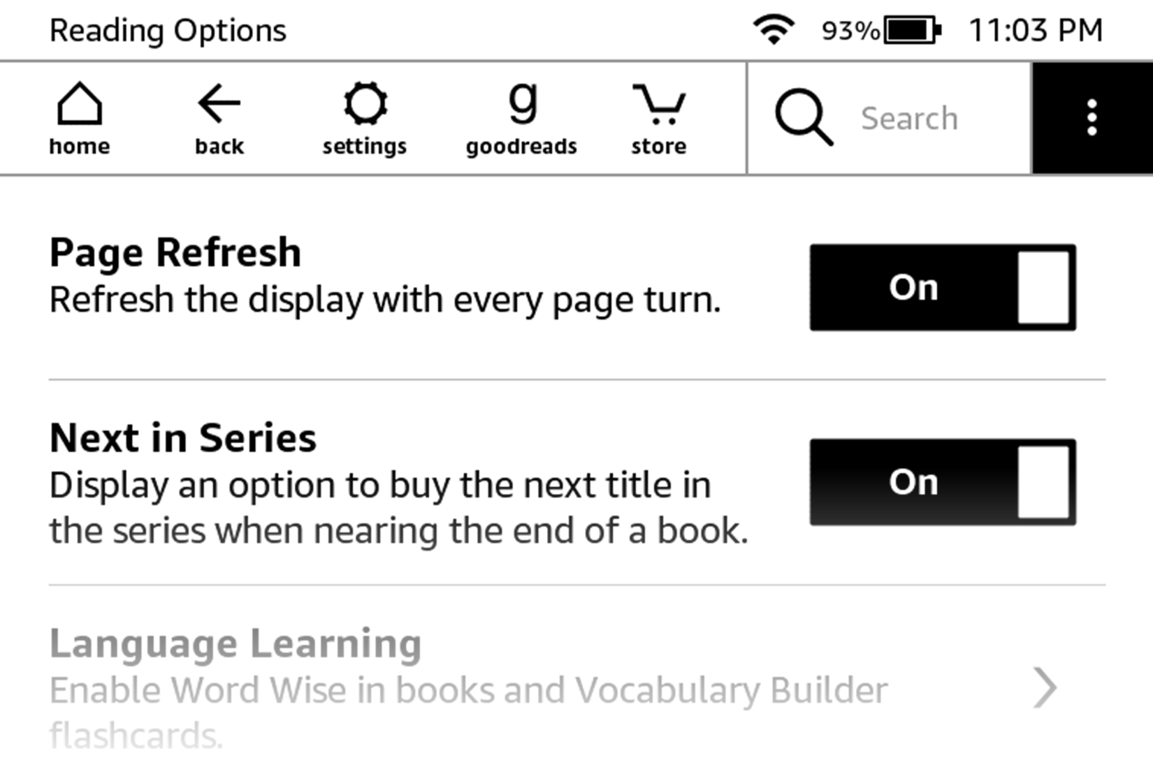 Page Refresh setting in a Kindle Paperwhite.