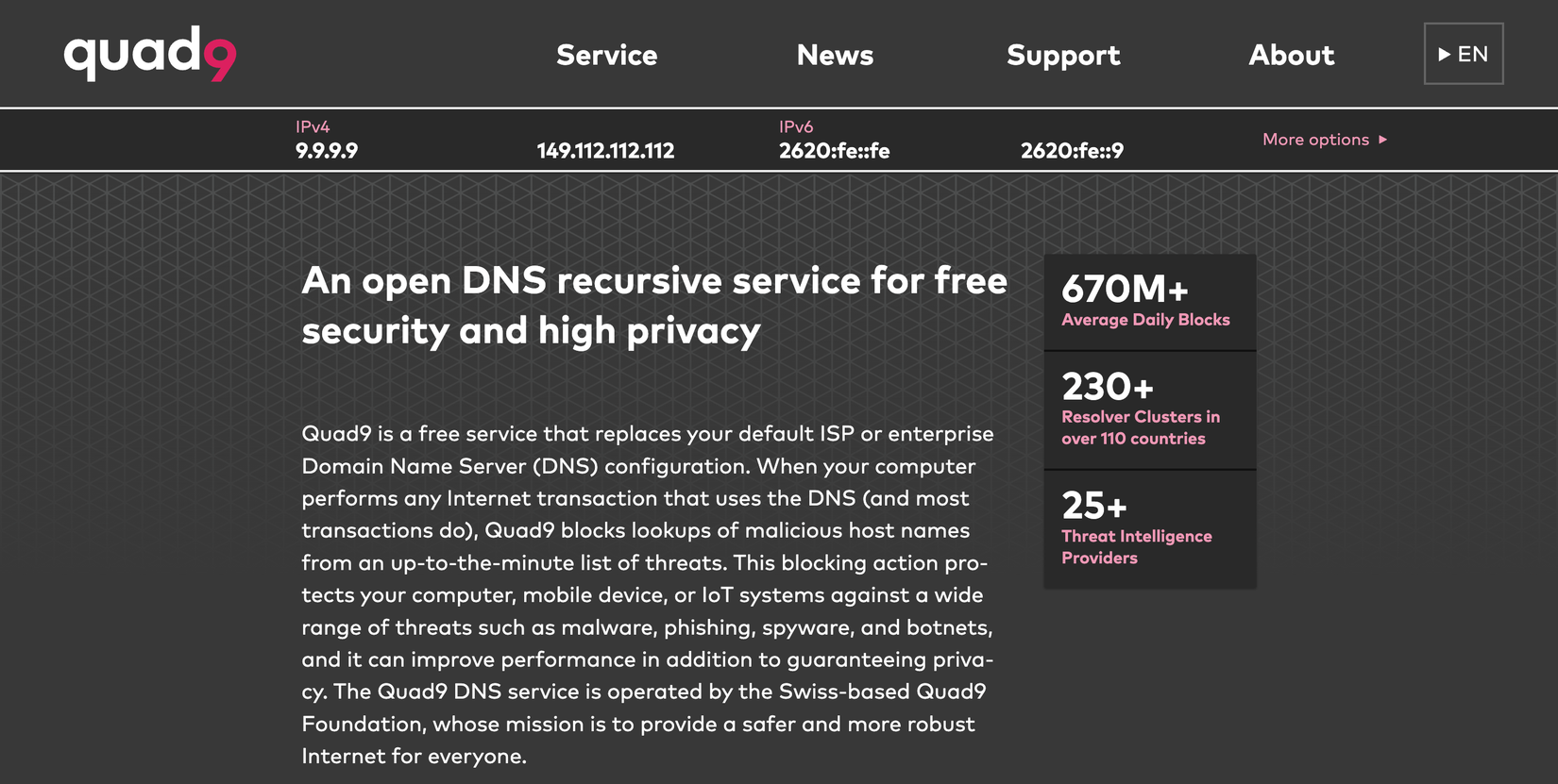 Quad9 free public DNS service home page