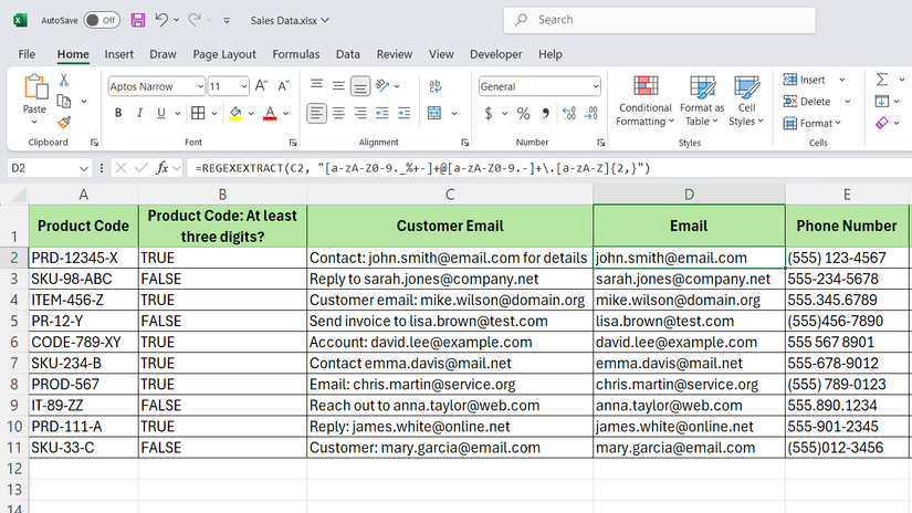 REGEXEXTRACT function in Excel showing only emails in sales dataset.