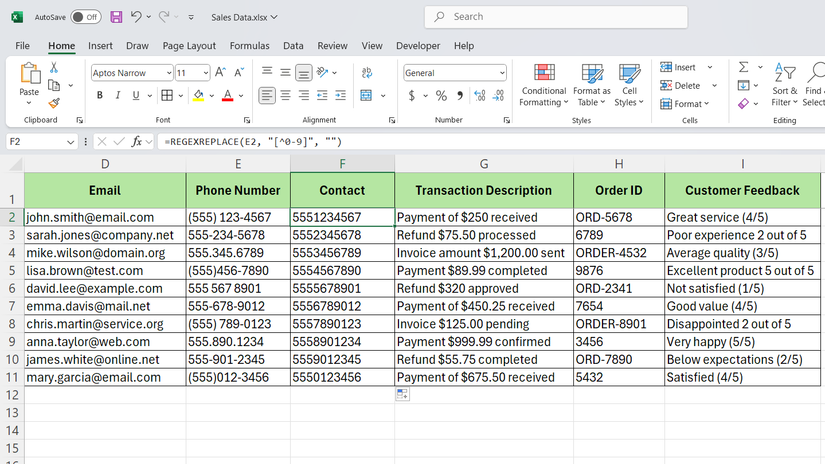 REGEXREPLACE function in Excel showing only contact numbers in sales dataset.