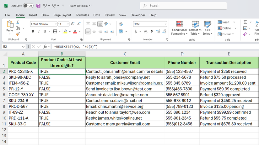 REGEXTEST function in Excel showing product codes with at least three digits in sales dataset.
