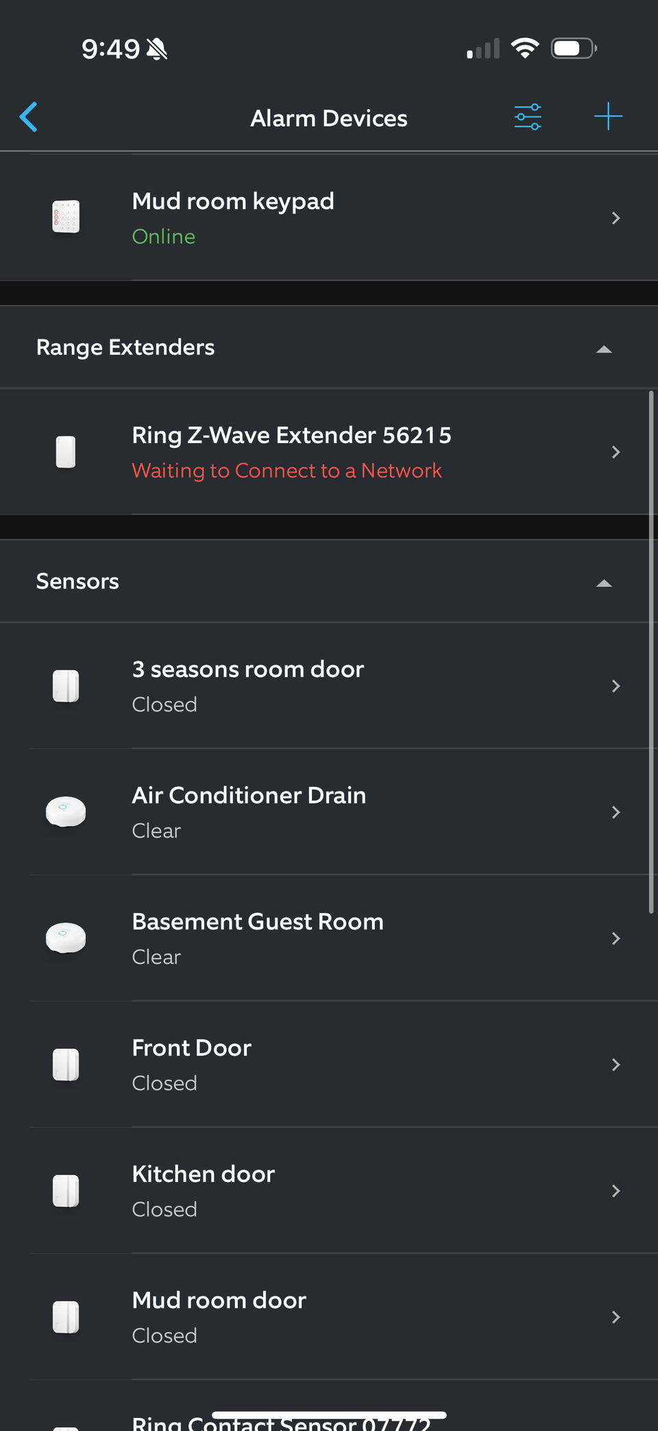 Ring app sensor settings