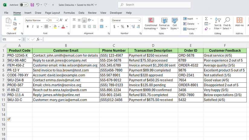 Sales data spreadsheet in Excel without the names.